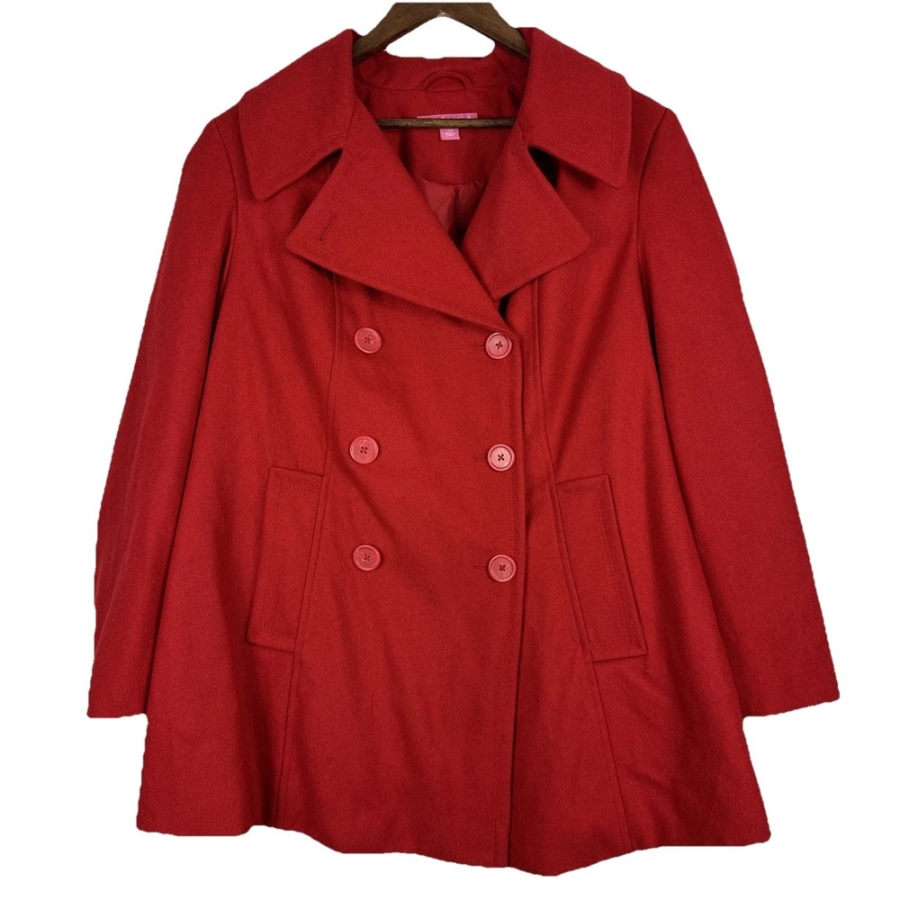 Woman Within Wool Blend Coat 18W 1XL Red Jacket Peacoat Double Breast Quilted